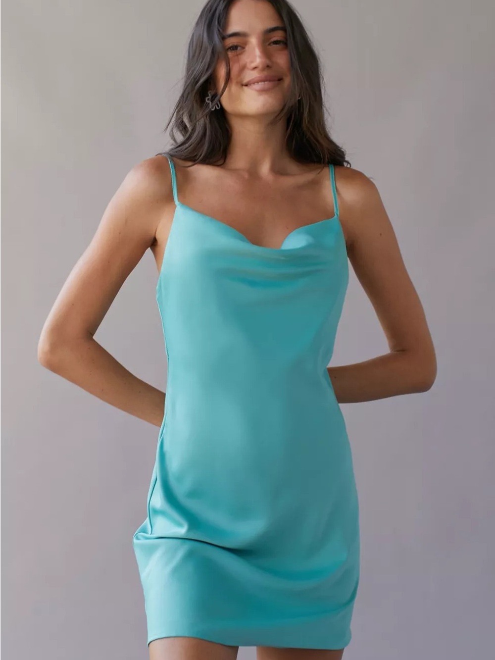 Urban Outfitters Mallory Satin Cowl Neck Slip Dress - Turquoise